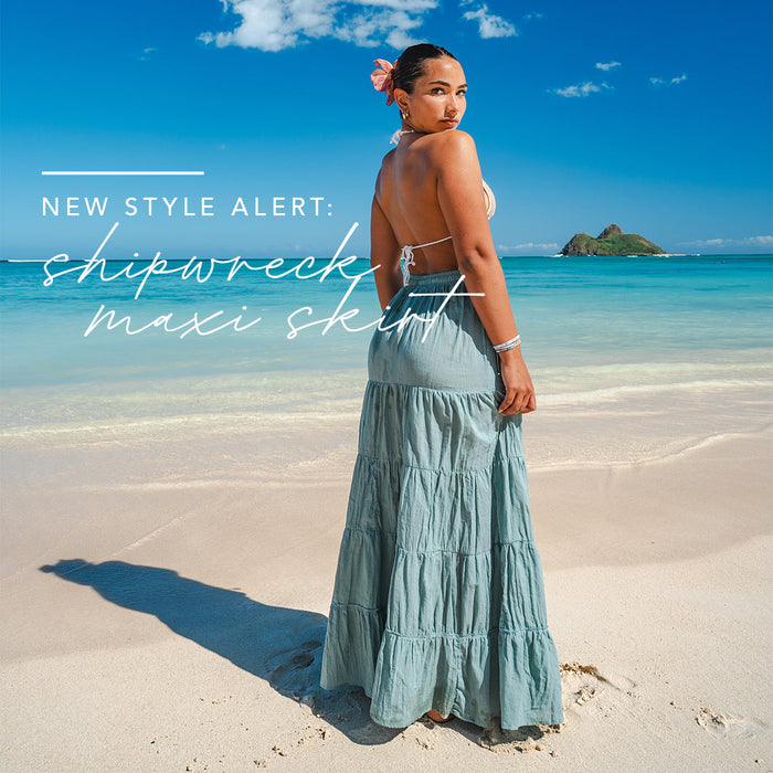 New Style Alert: Model standing on beach in Sage Shipwrecked Maxi Skirt