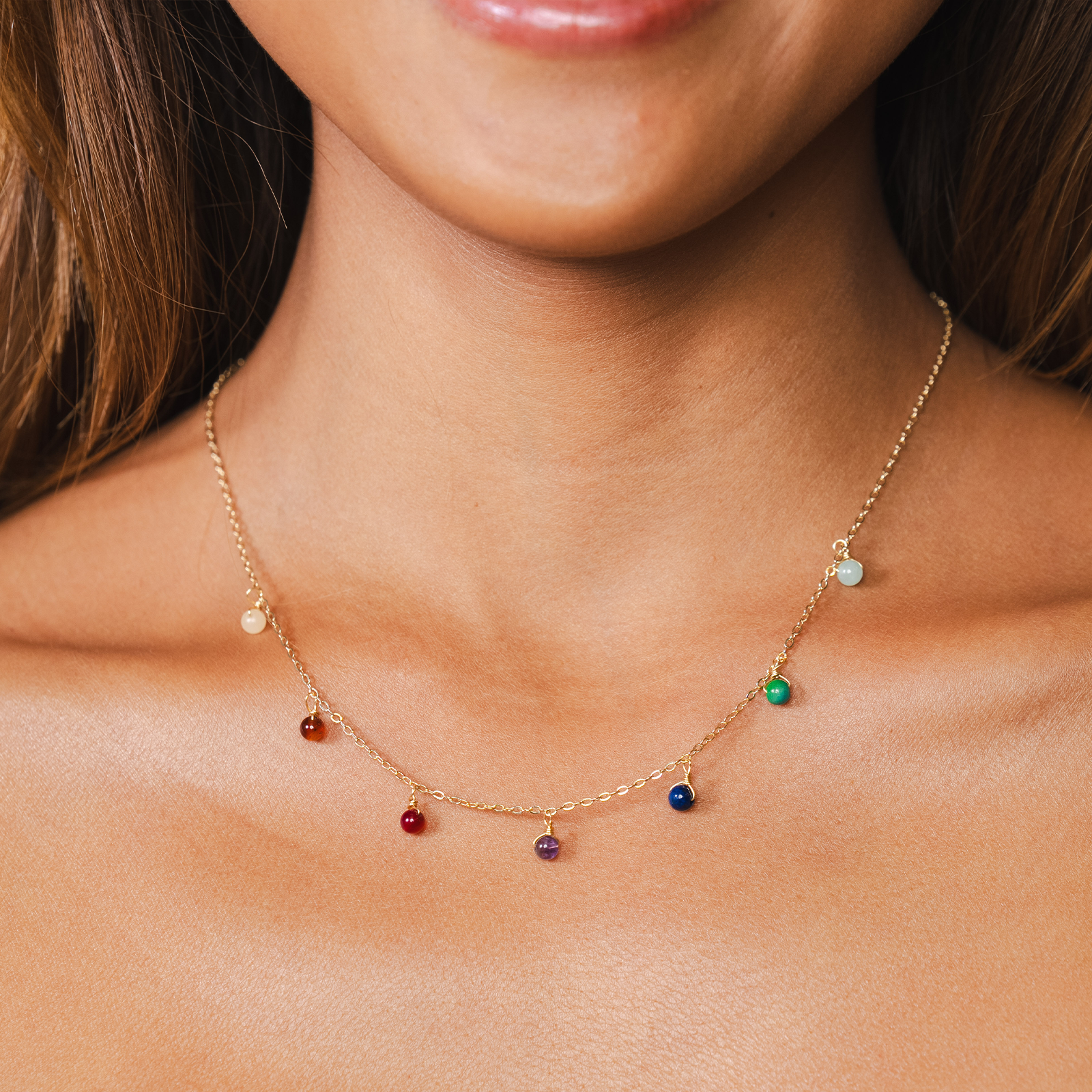 Multicolor stone dewdrop charm healing necklace on gold chain