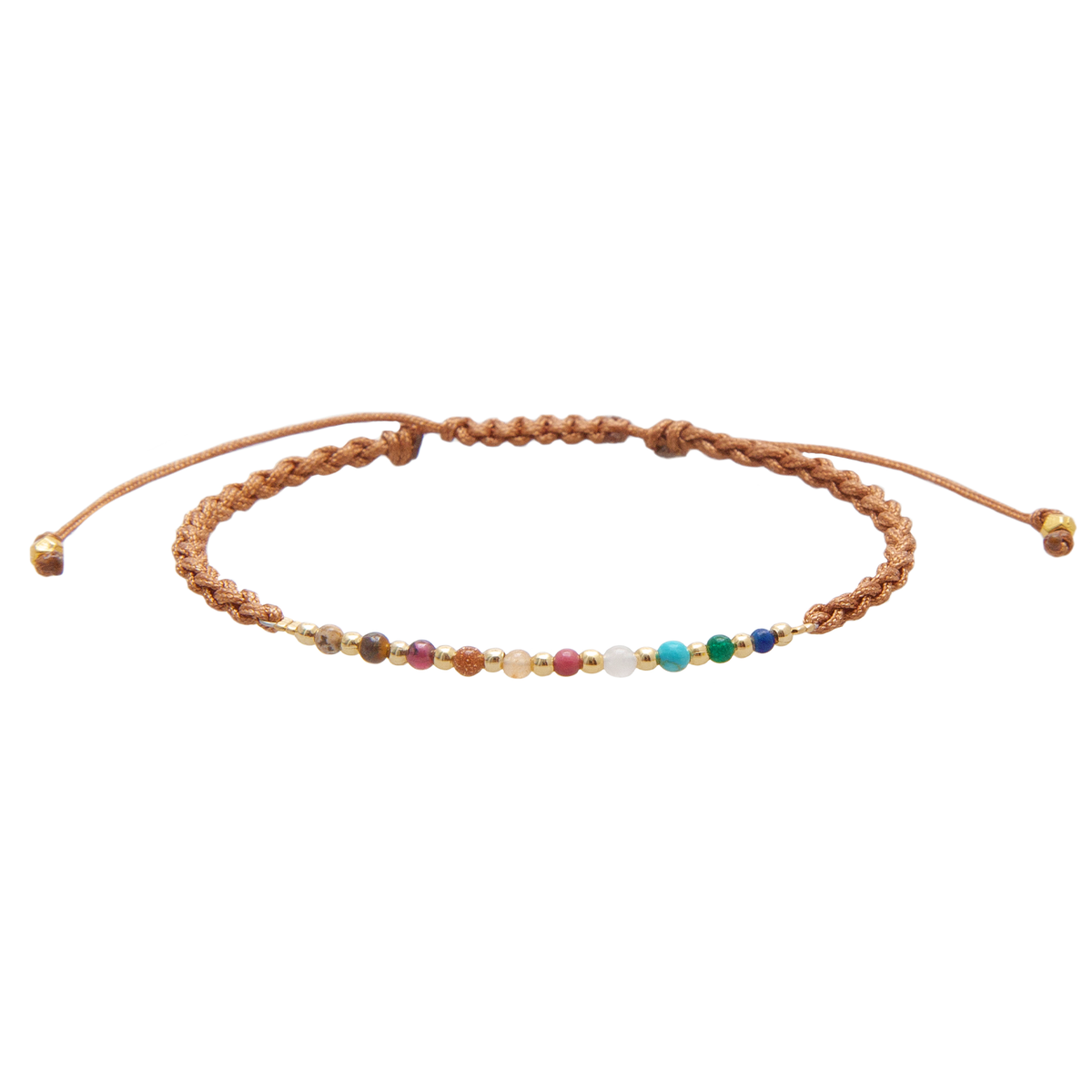 2mm multicolor stone and gold bead bracelet on a brown cotton braided cord