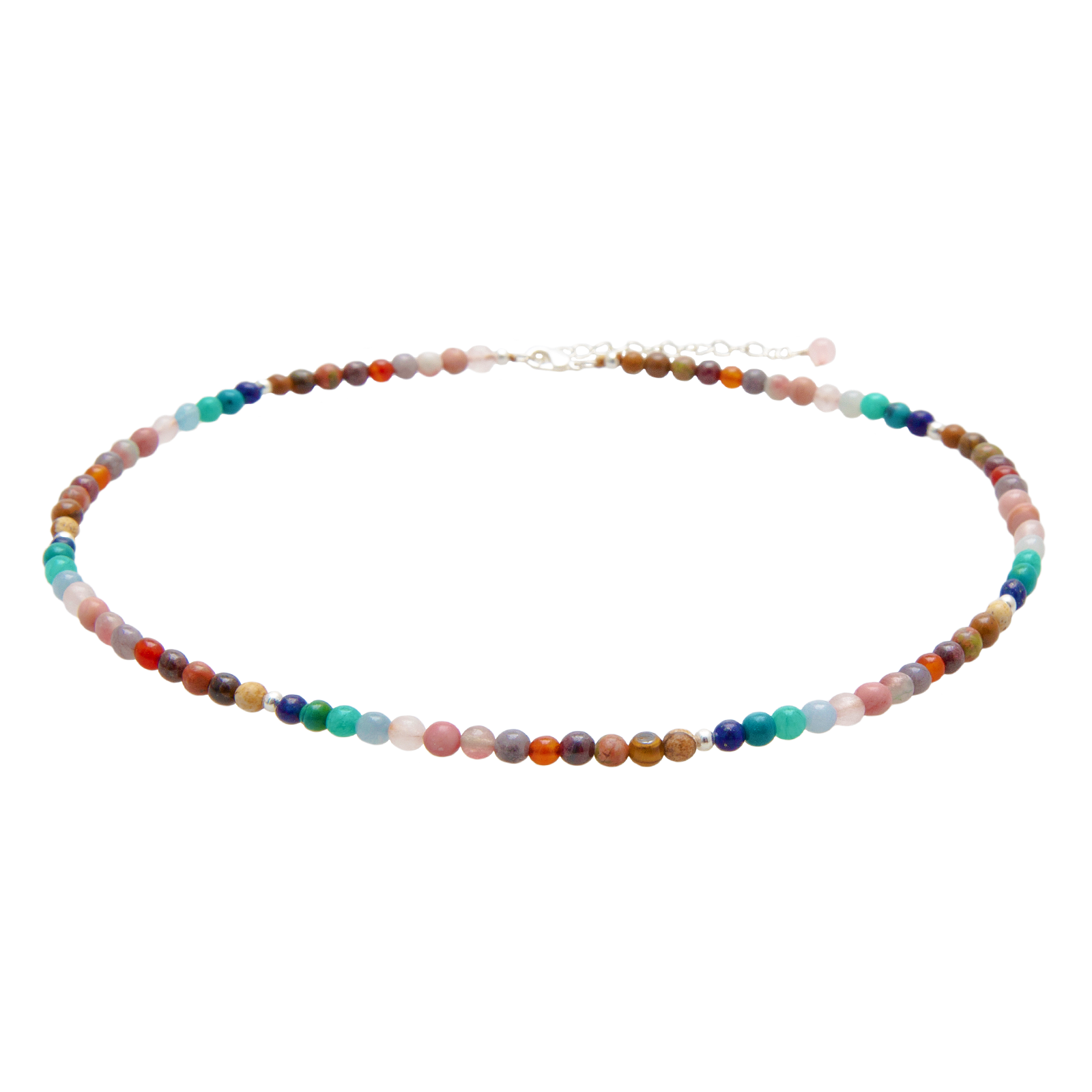 Model wearing 4mm multicolor stone necklace