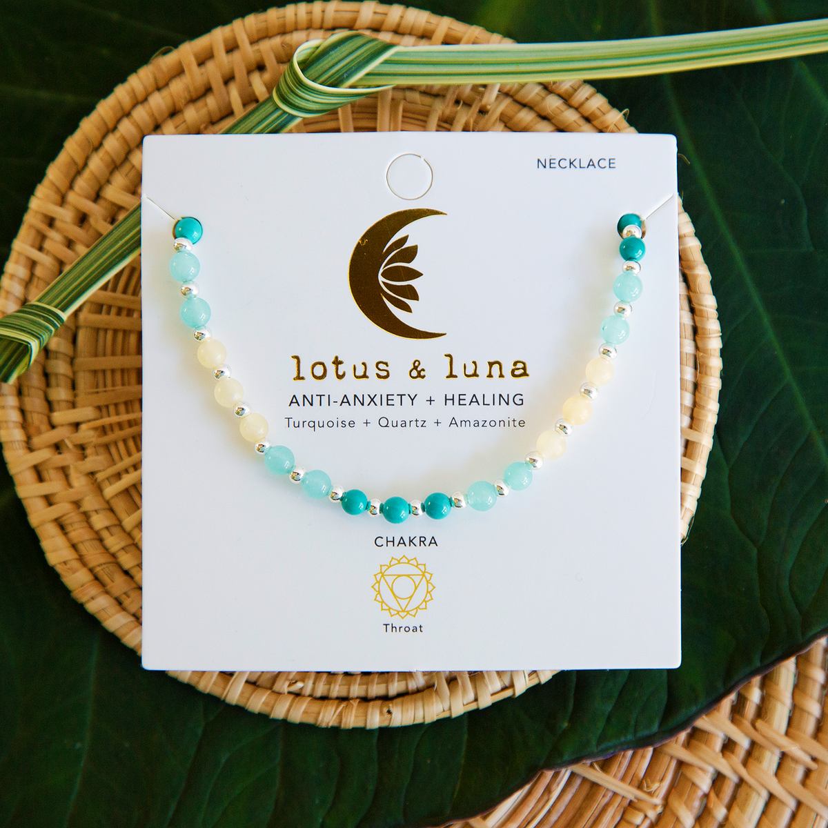 Turquoise and Amazonite stone healing necklace on packaging