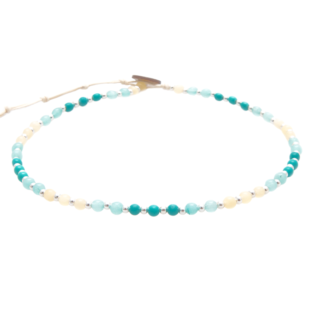 Turquoise and Amazonite stone healing necklace with a coconut button clasp