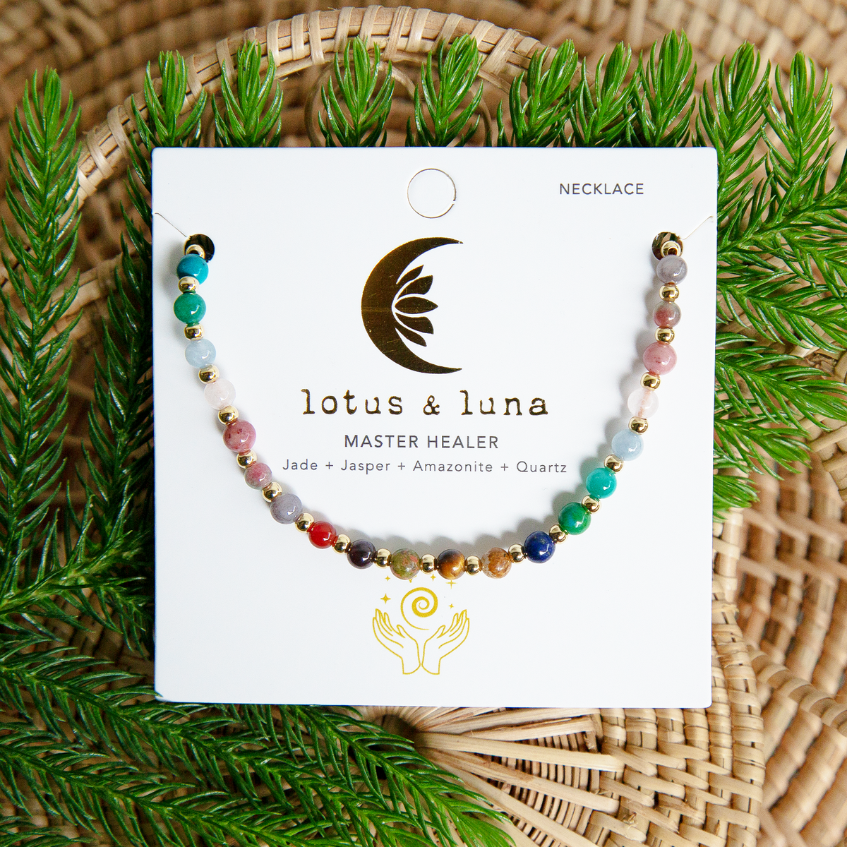 4mm multicolor stone and gold bead healing necklace on packaging