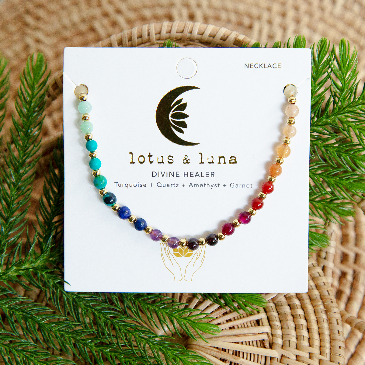 4mm multicolor stone and gold bead healing necklace on jewelry card