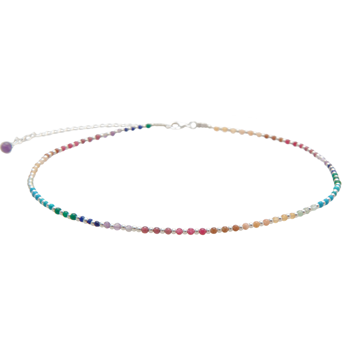 2mm multicolor stone and silver bead healing necklace with a silver chain