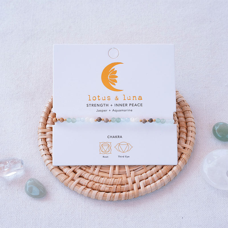 Strength + Inner Peace 3mm Healing Bracelet, on jewelry card