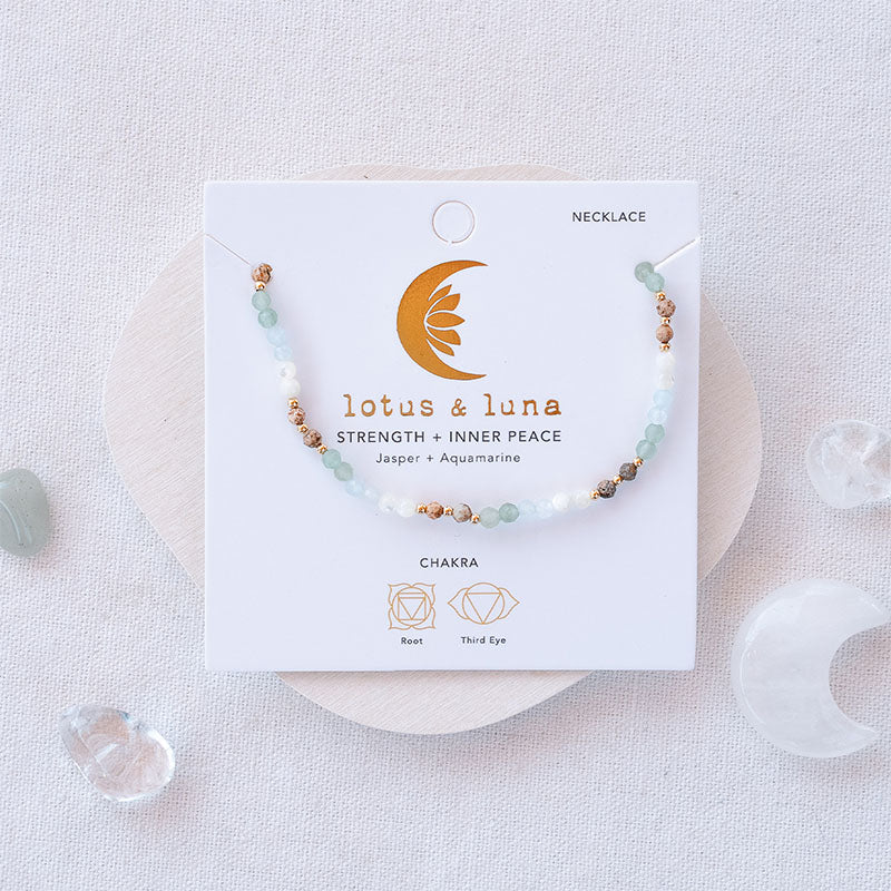 Strength + Inner Peace 3mm Healing Necklace, on jewelry card