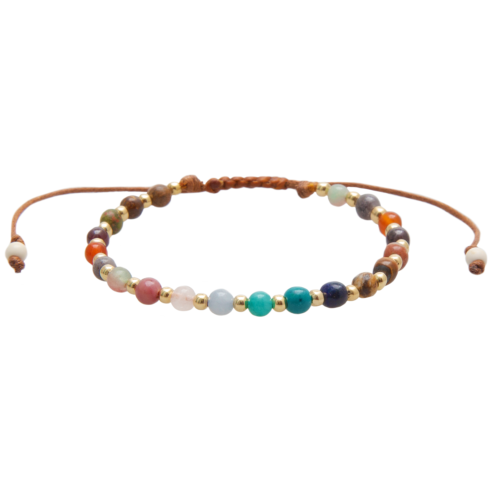 4mm multicolor stone and gold bead healing bracelet with cotton pull through closure