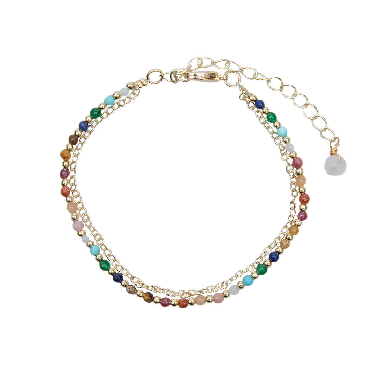 2mm multicolor stone and gold bead healing bracelet with an attached gold chain bracelet