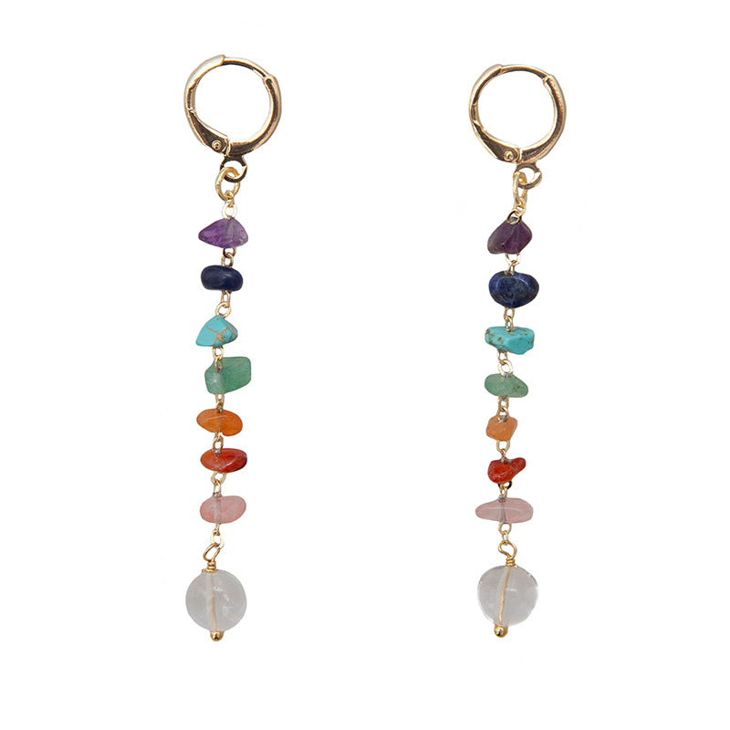 7 Chakras Raw Stone Earrings, flat lay gold hoops