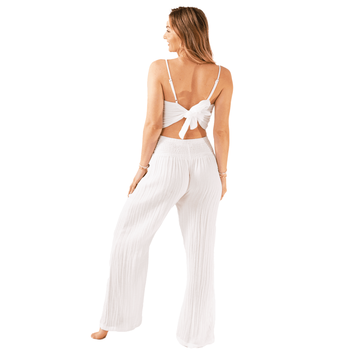 White Cotton Crop Top &amp; Wide Leg Pants Lounge Set