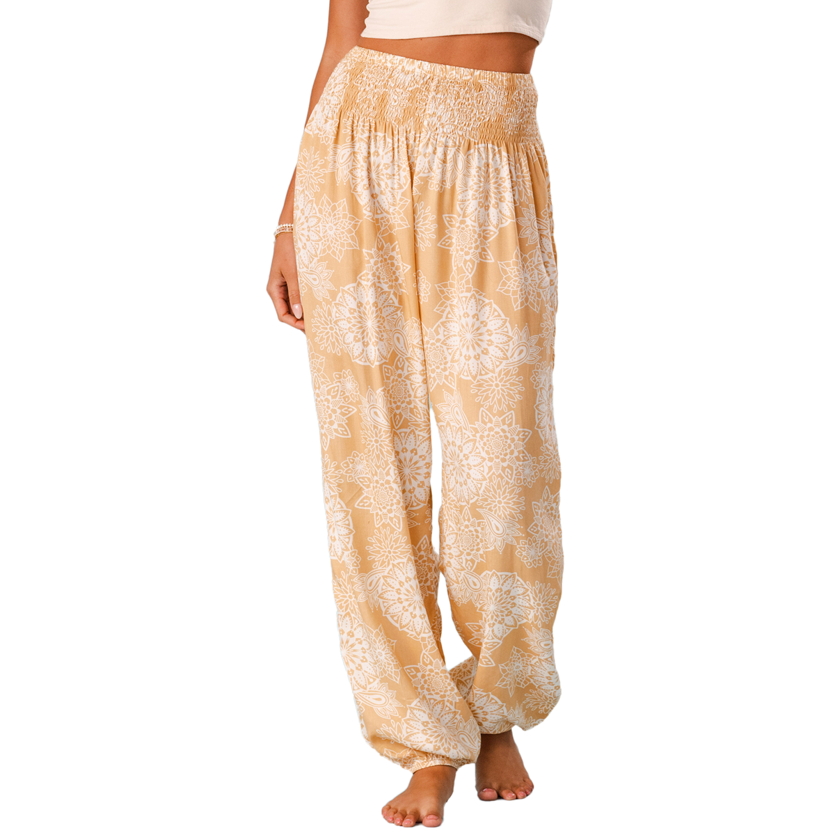 Light yellow harem pants with white mandala print