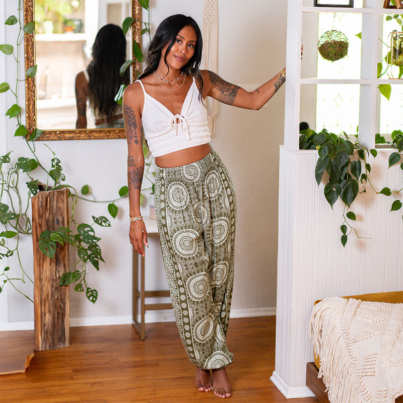 Misprint Tuscany Harem Pants, warmer olive than regular Tuscany, worn by a mirror