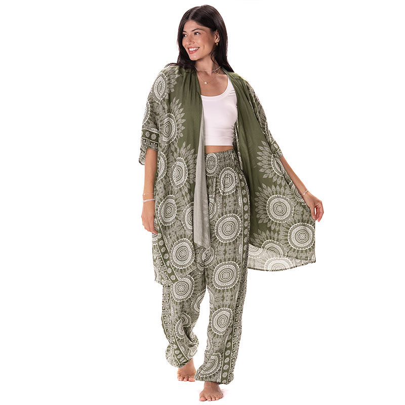 Misprint Tuscany Lounge Set, warmer olive than regular Tuscany, front, kimono open