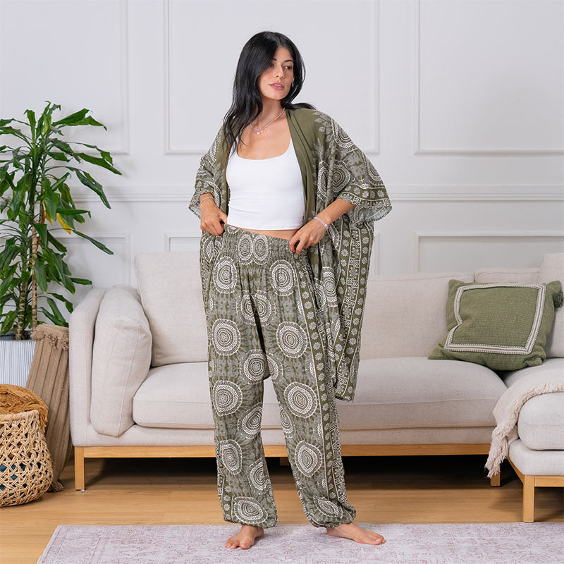 Misprint Tuscany Harem Pants, warmer olive than regular Tuscany, with kimono in a living room