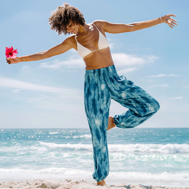 Turquoise Tide Harem Pants, tree pose on the beach