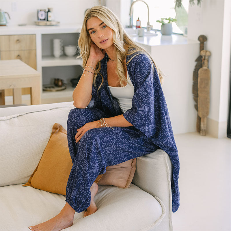 Monterey Kimono and Harem Pants, worn seated