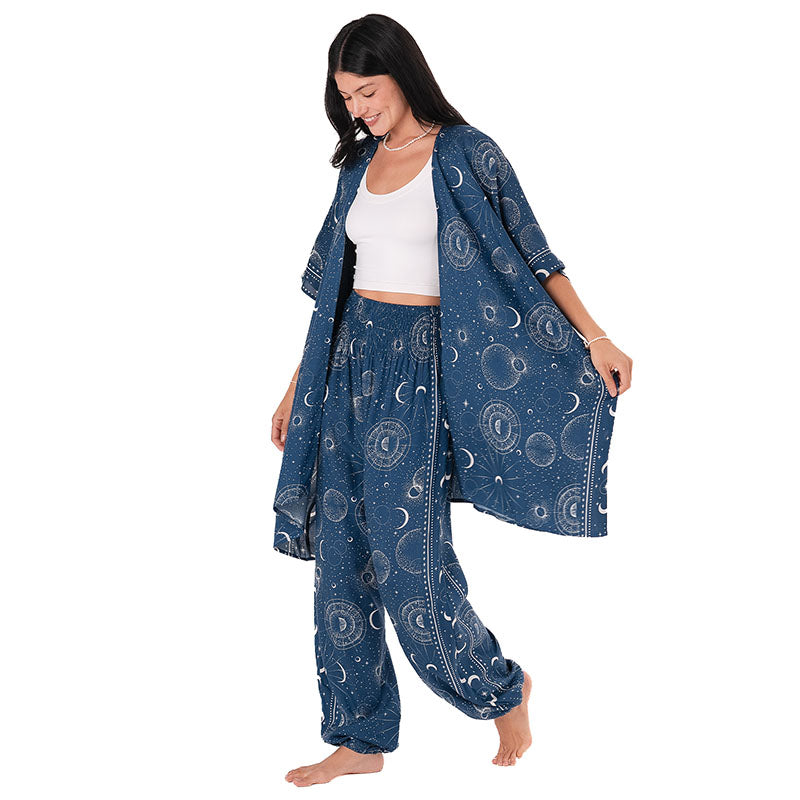 Sapphire Moonlight Lounge Set, walking with kimono open