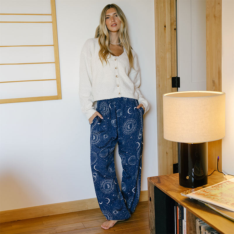 Sapphire Moonlight Harem Pants, standing with cardigan, hands in pockets