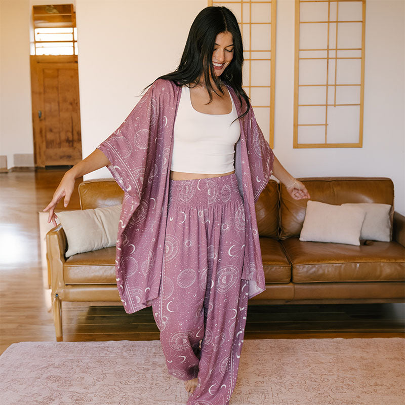 Mauve Moonlight Kimono and Harem Pants, worn standing in a living room