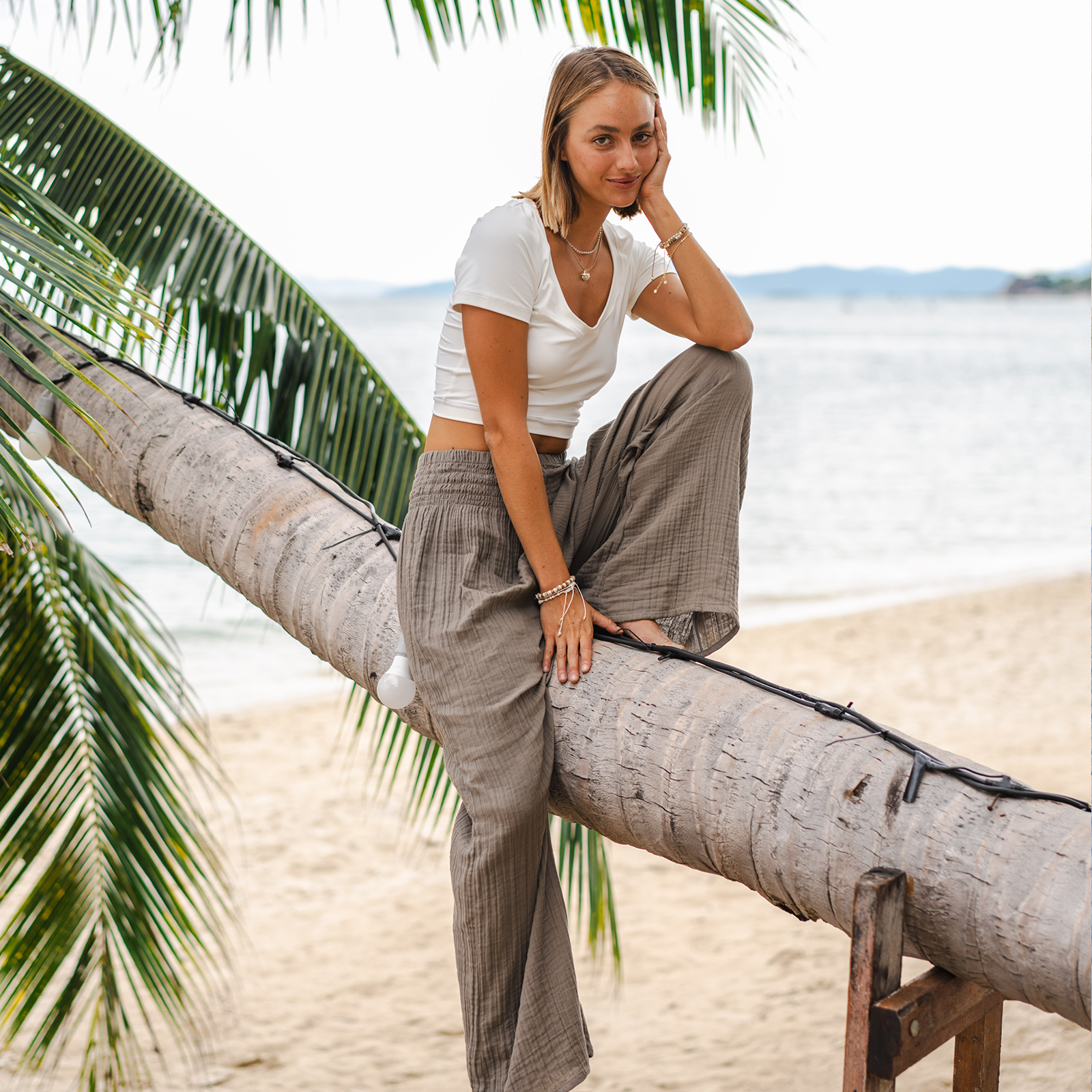 Gray cotton wide leg pants