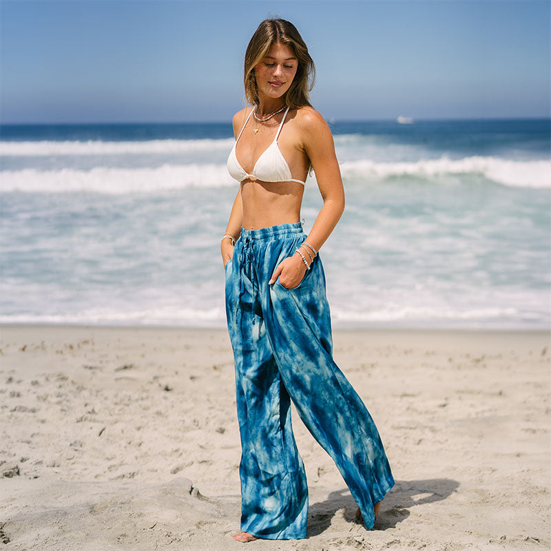 Turquoise Tide Wide Leg Drawstring Pants, worn on the beach