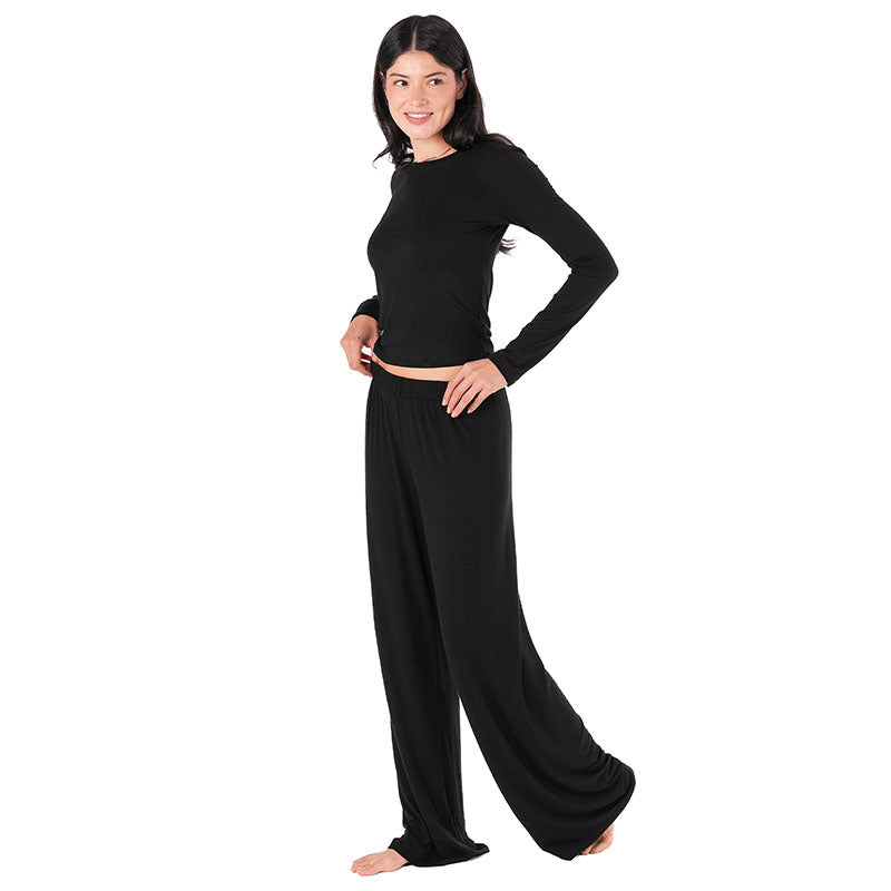 Black Modal Sway Wide Leg Pants, standing hand on hip