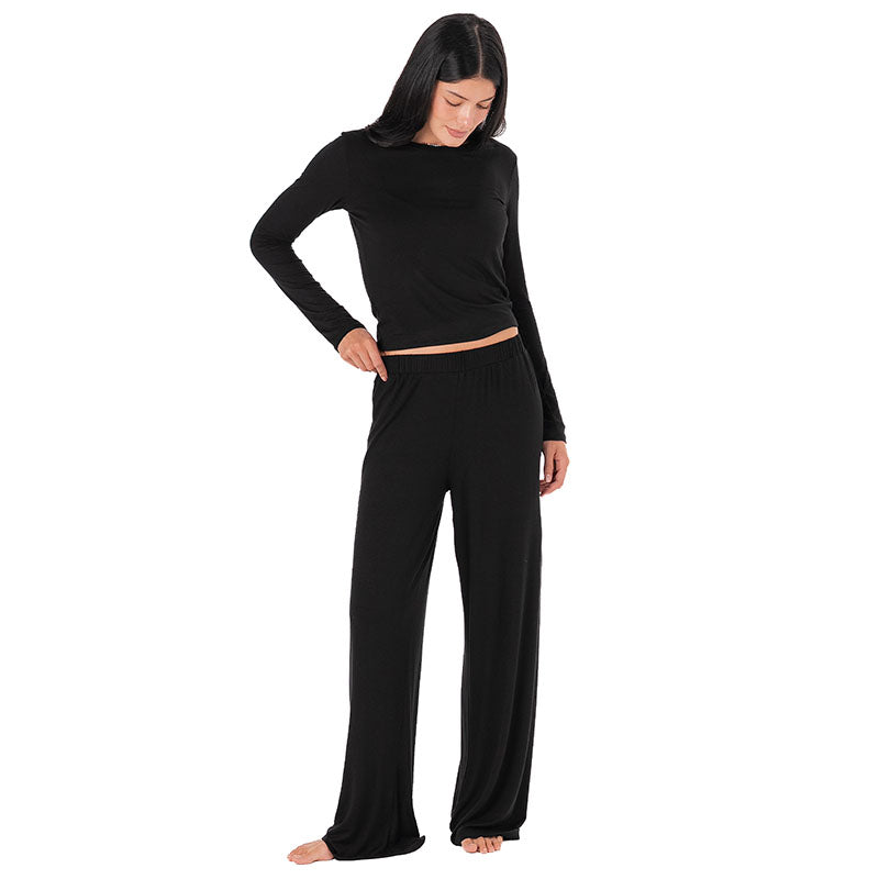 Black Modal Sway Wide Leg Pants, full length looking down