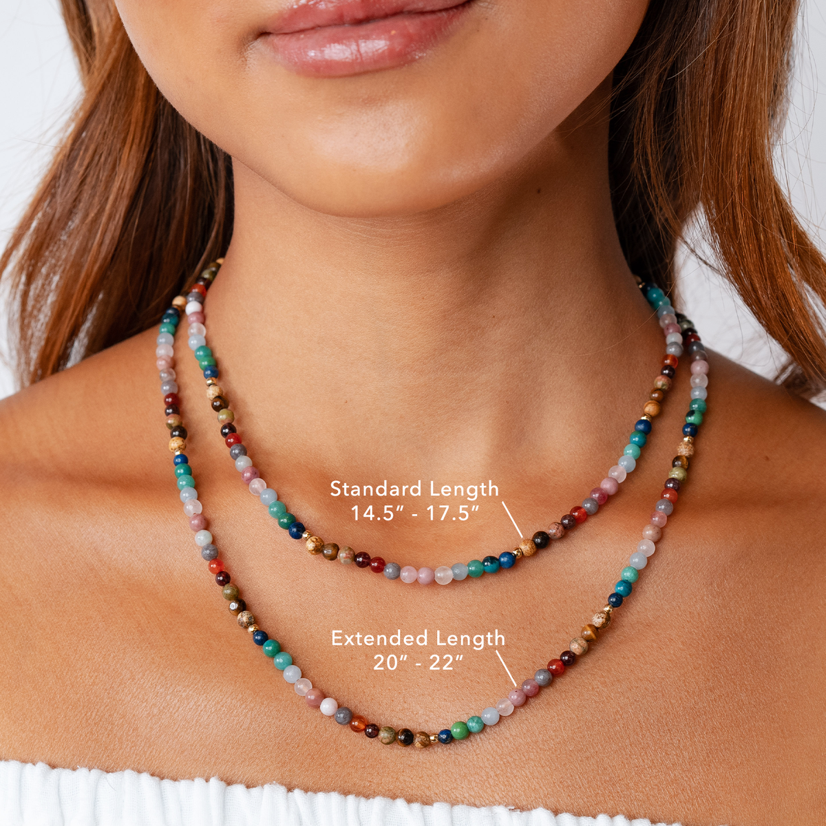Model wearing two versions of a 4mm multicolor necklace. One is the standard length that ranges from 14.5&quot; to 17.5&quot; and the other is the extended length version that ranges from 20&quot; to 22&quot;