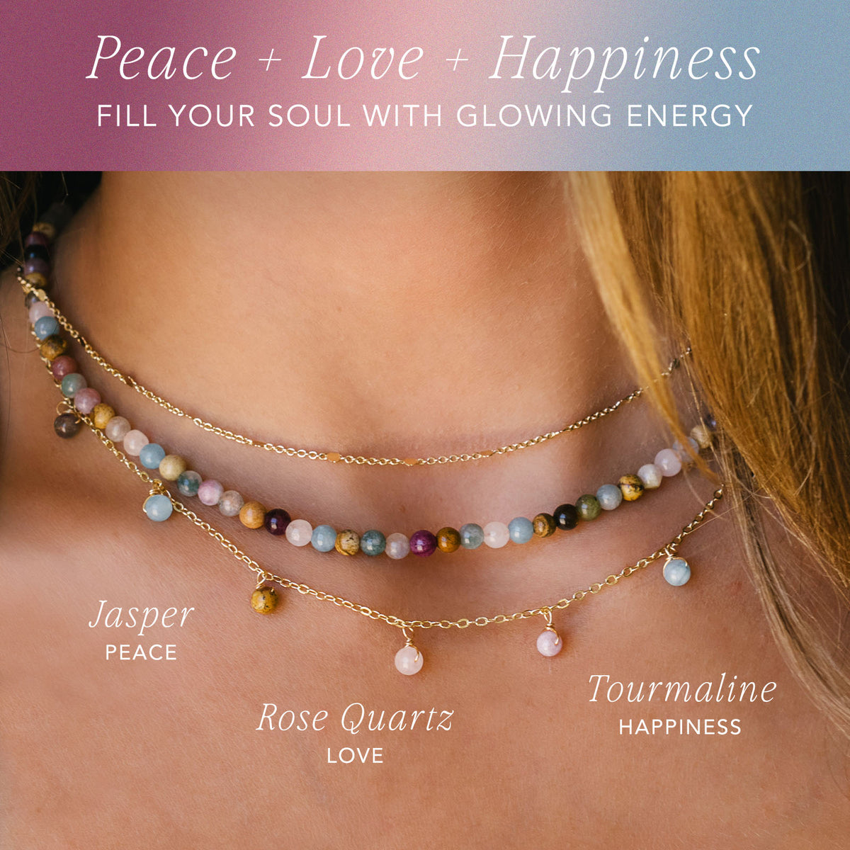 Peace + Happiness 4mm Healing Necklace, necklace stack graphic
