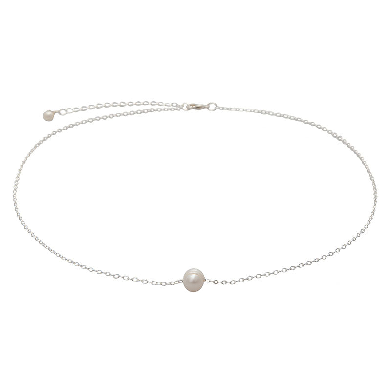 Pearl Necklace, flat lay silver chain with extender