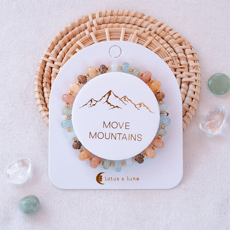 Move Mountains Statement Healing Bracelet, flat lay on brand card