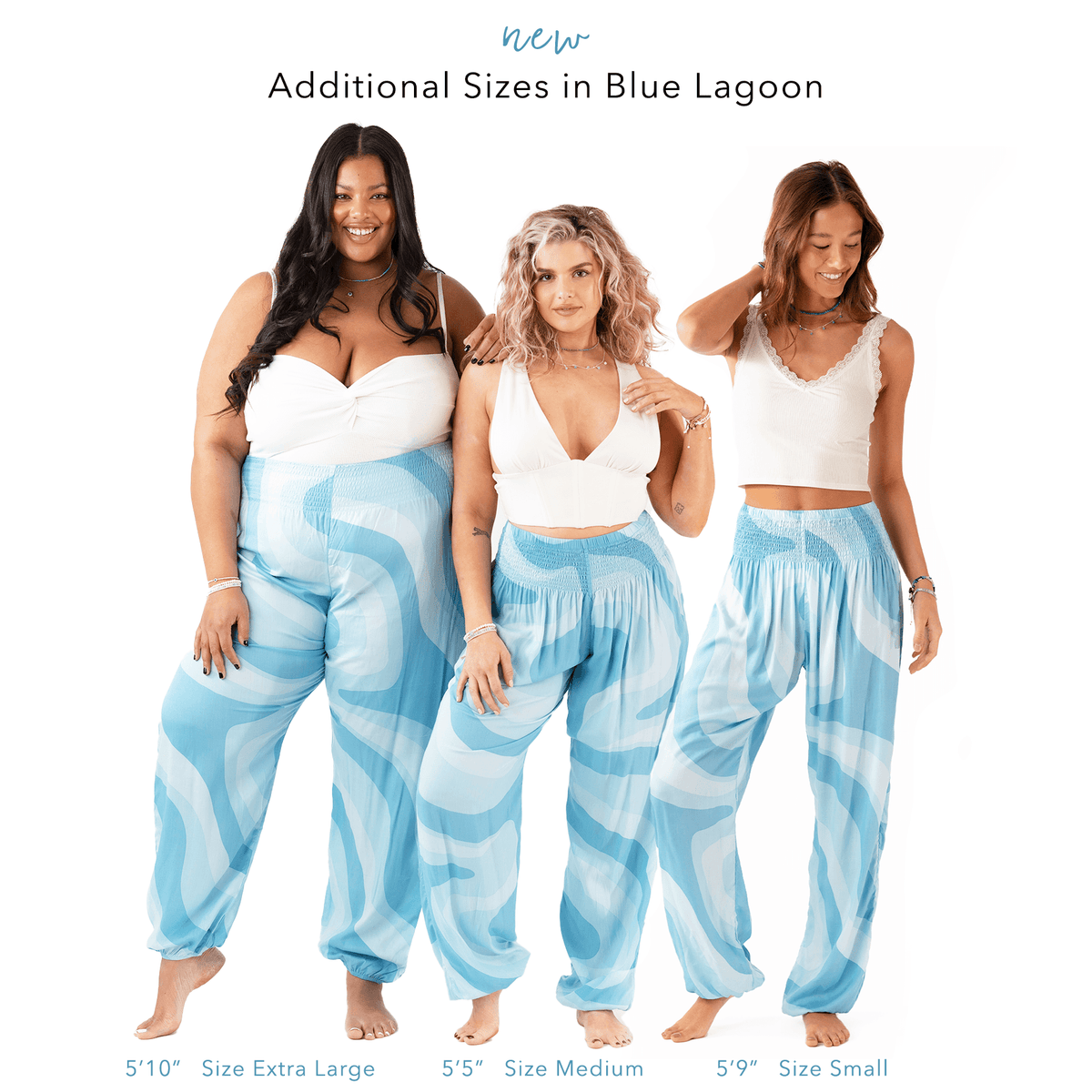 Three models of different sizes wearing blue swirl harem pants