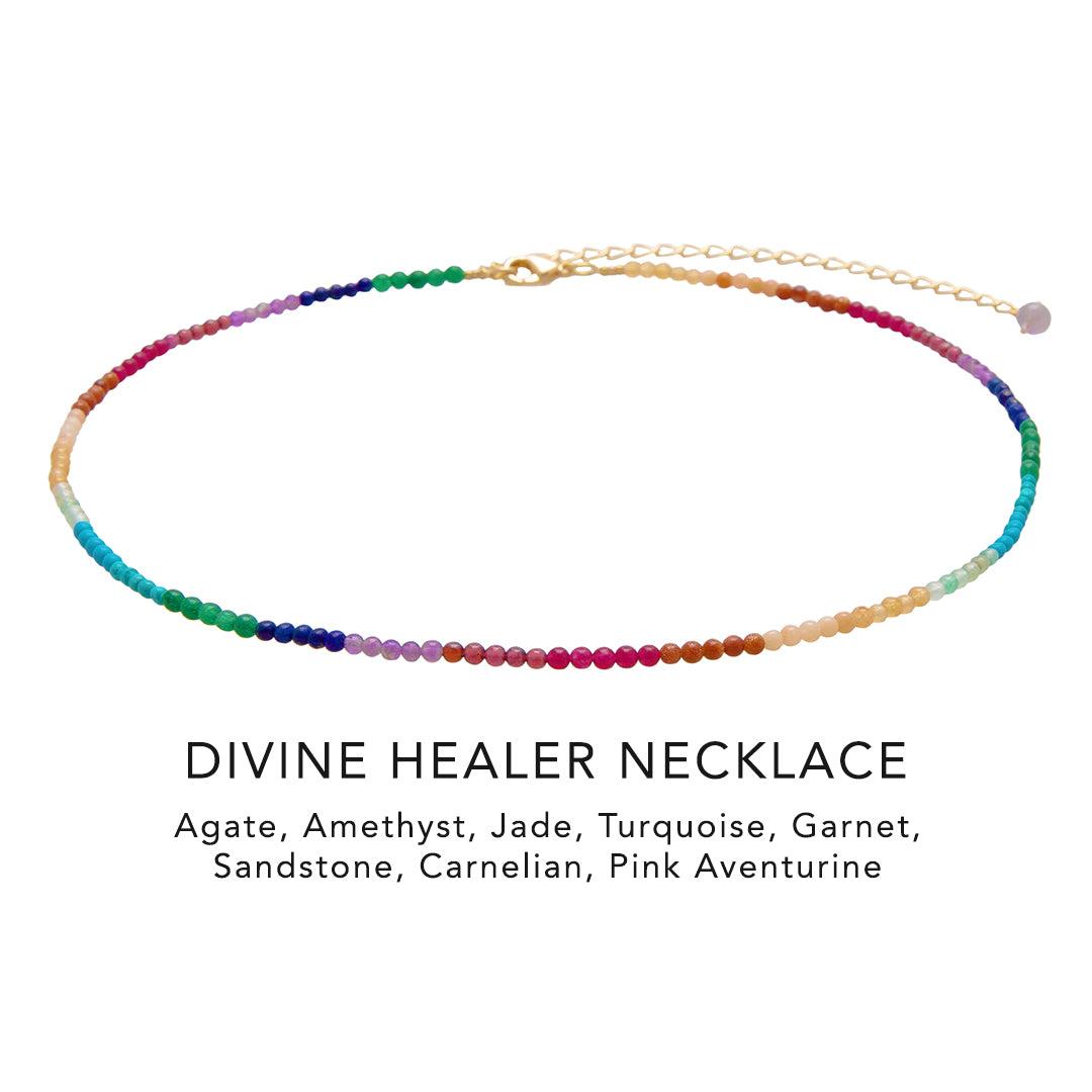 Divine Healer 2mm Healing Necklace with Agate, Amethyst, Jade, Turquoise, Garnet, Sandstone, Carnelian, and Pink Aventurine stones