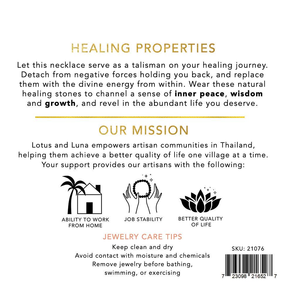 Back of jewelry card that includes the necklace&#39;s healing properties, the jewelry care tips and lotus and luna&#39;s mission