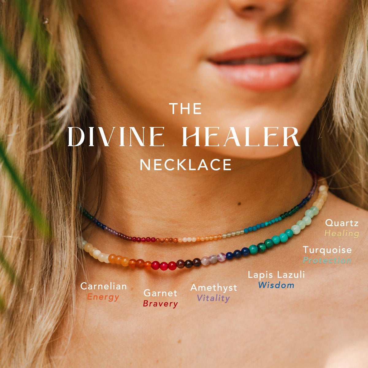 Model wearing a necklace stack. The stack includes a 4mm multicolor stone healing necklace and a 2mm multicolor stone healing necklace that have carnelian, garnet, amethyst, lapis lazuli, turquoise, quartz stones