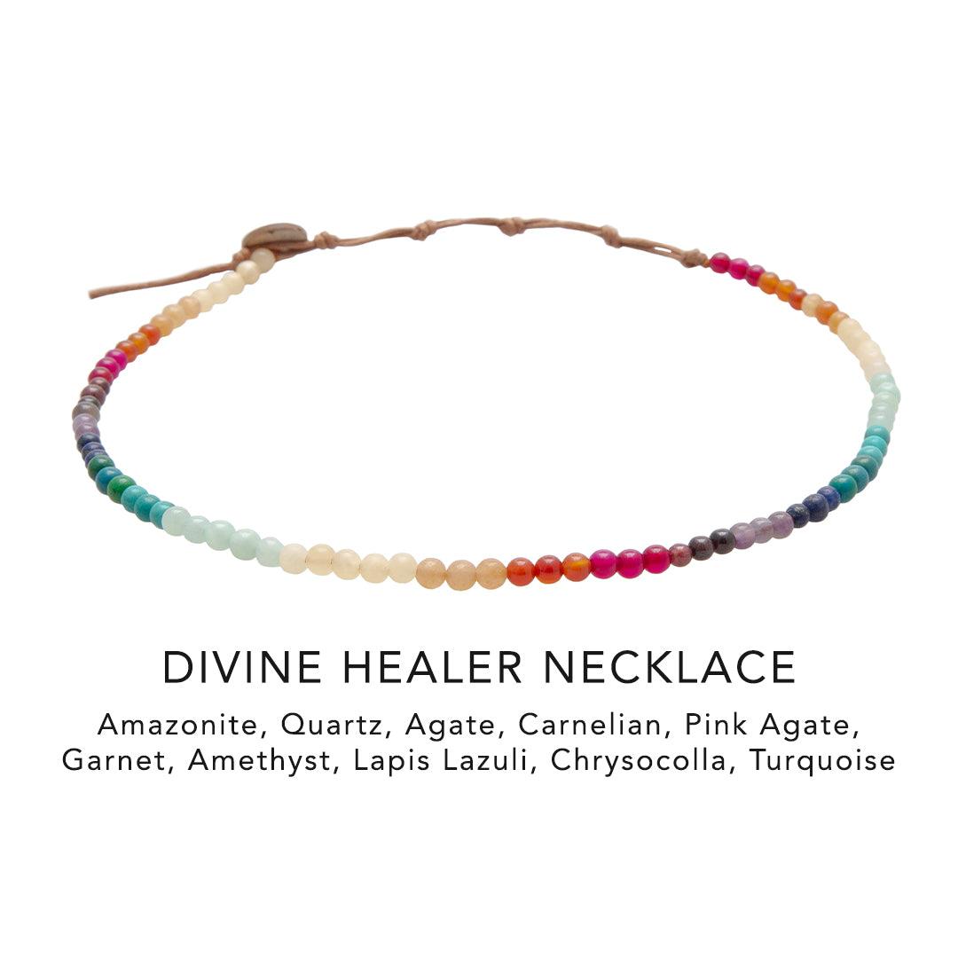 4mm multicolor stone healing necklace with a coconut button closure. Picture depicts the stones in the necklace, which include amazonite, quartz, agate, carnelian, pink agate, garnet, amethyst, lapis lazuli, chrysocolla, and turquoise