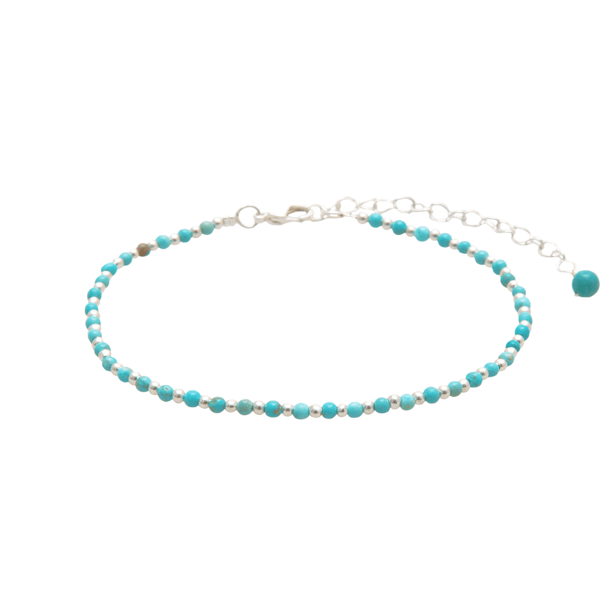 2mm turquoise stone and silver bead healing anklet with silver chain