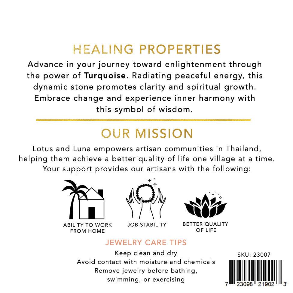 Back of jewelry card that includes the anklet&#39;s healing properties and Lotus and Luna&#39;s mission.