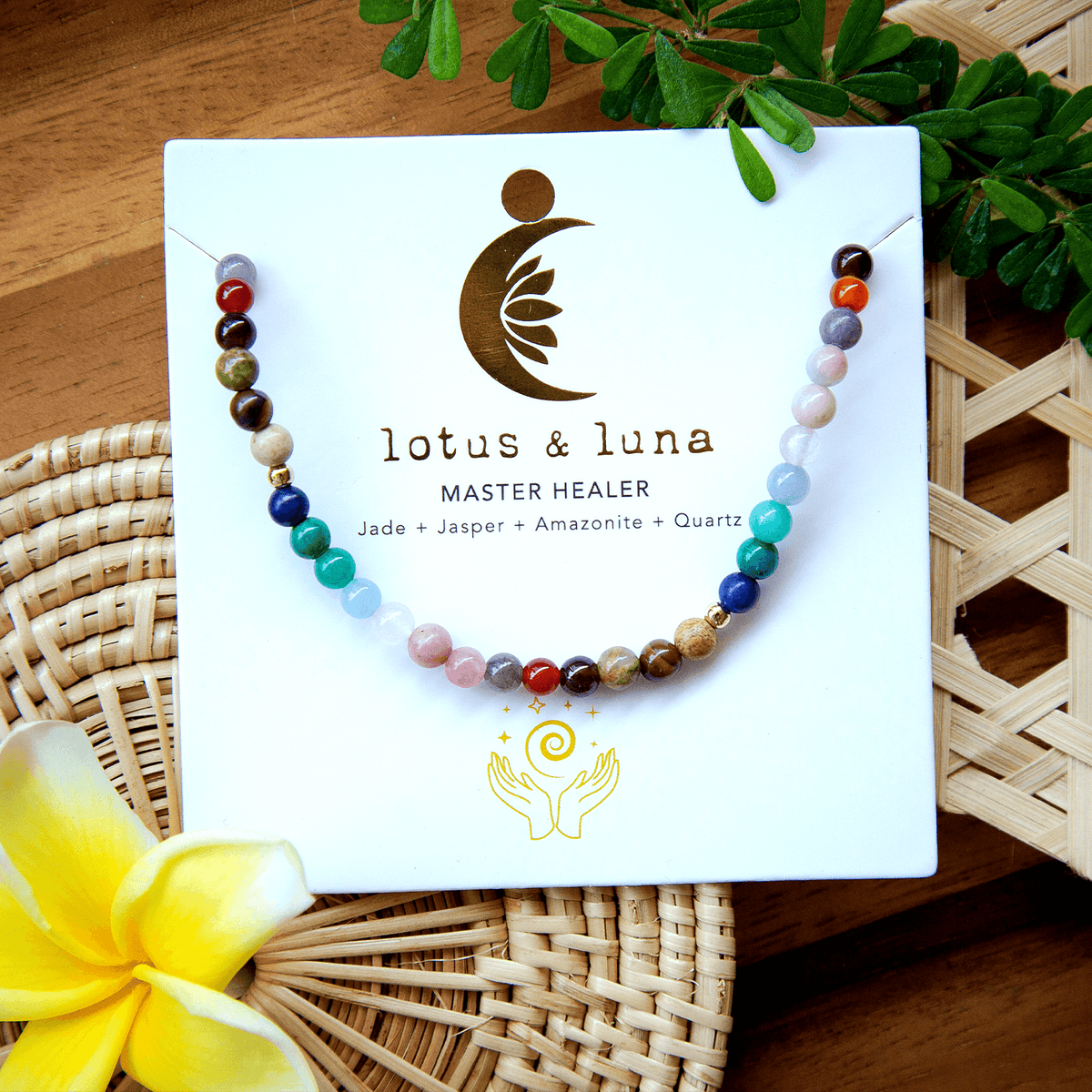 4mm multicolor stone healing necklace on packaging