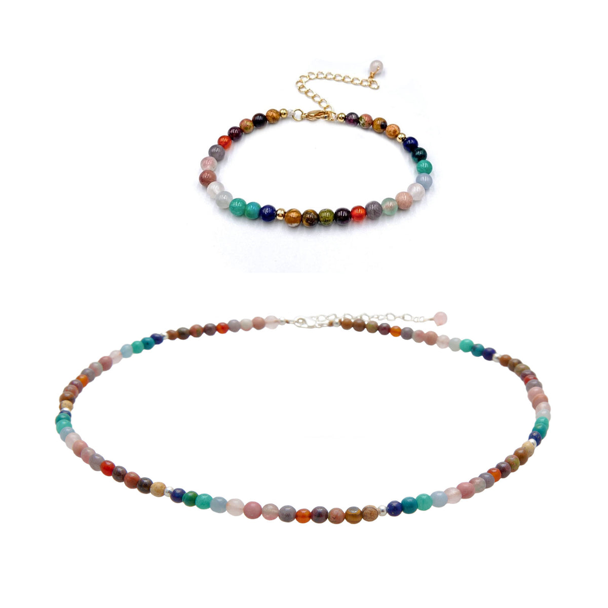 4mm multicolor stone healing necklace and 4mm multicolor stone healing bracelet