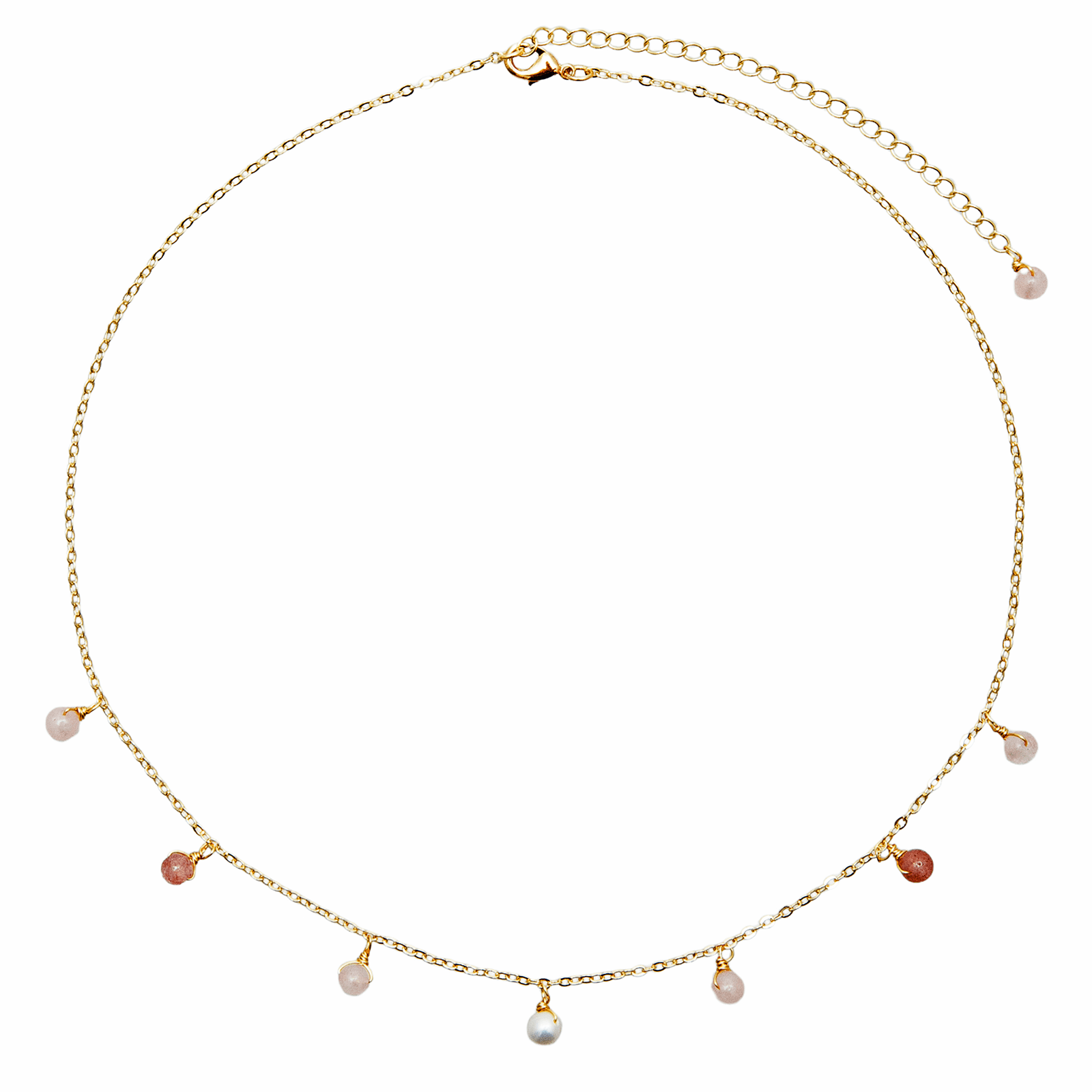 Gold chain necklace with pink, red and white dewdrop stone charms