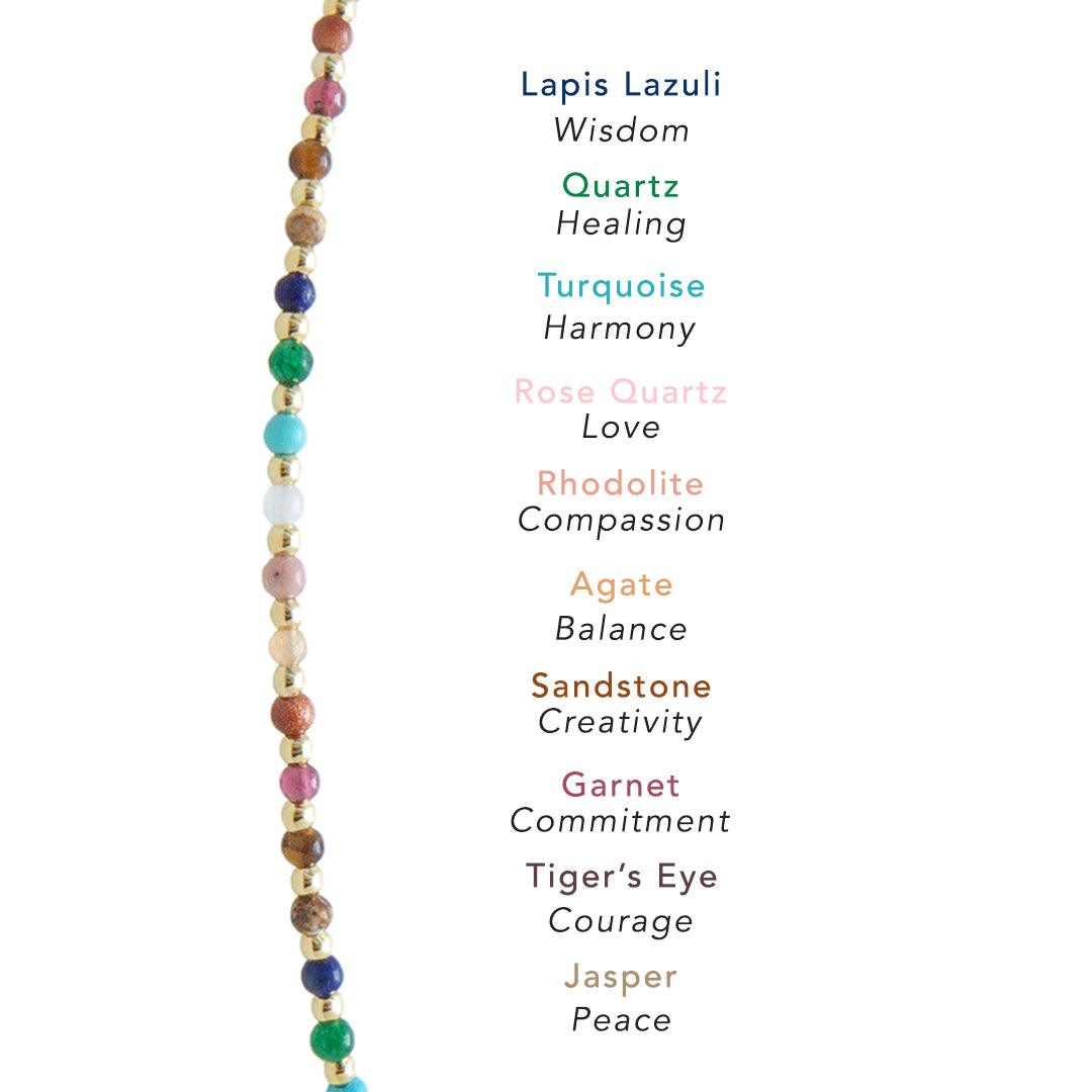 Dainty necklace with assorted multi-color stones consisting of lapis lazuli, quartz, turquoise, rose quartz, rhodolite, agate, sandstone, garnet, tiger&#39;s eye and jasper