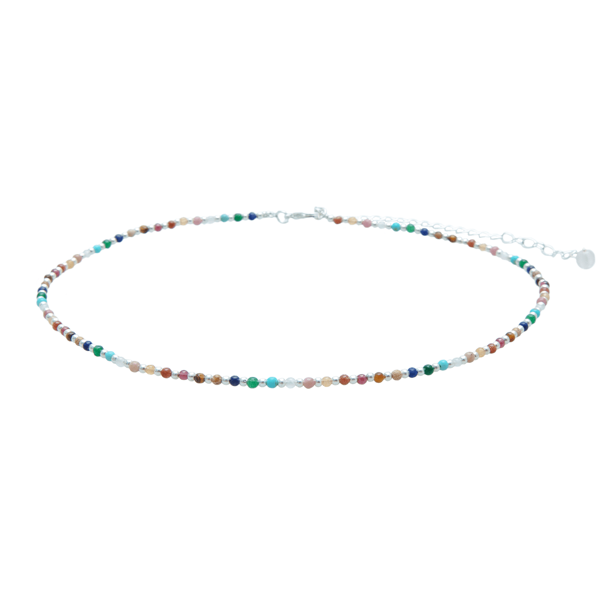 Dainty necklace with assorted multi-color stones and silver beads
