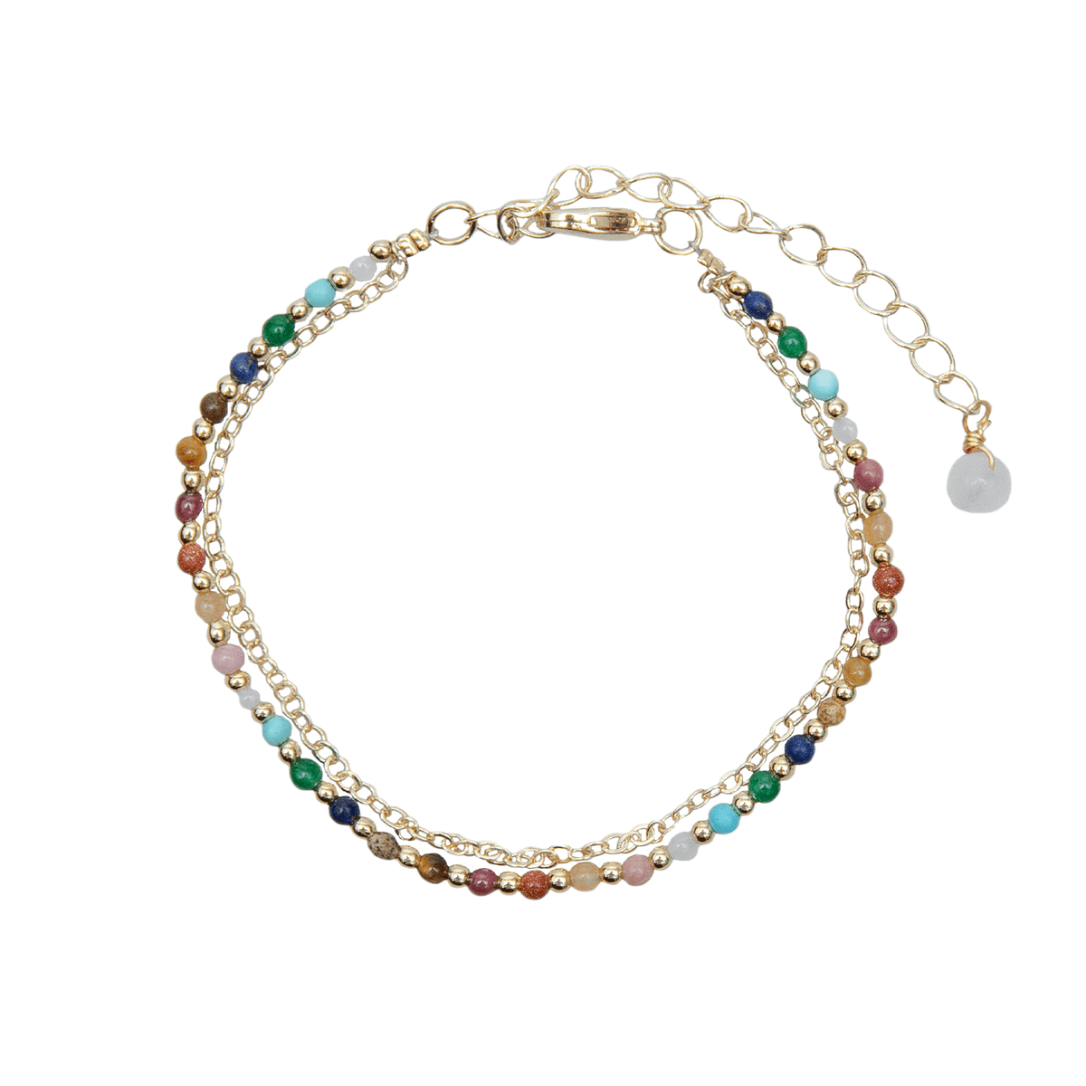 2mm multicolor stone and gold bead healing bracelet with a dainty gold chain bracelet attached