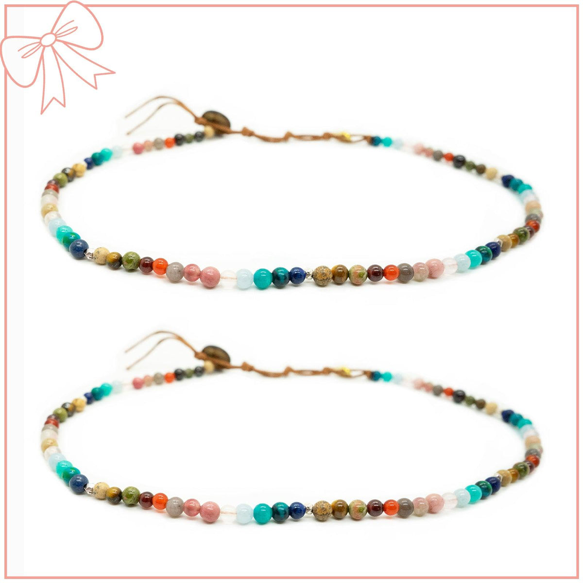 Two matching 6mm multicolor stone healing necklaces with coconut button closures