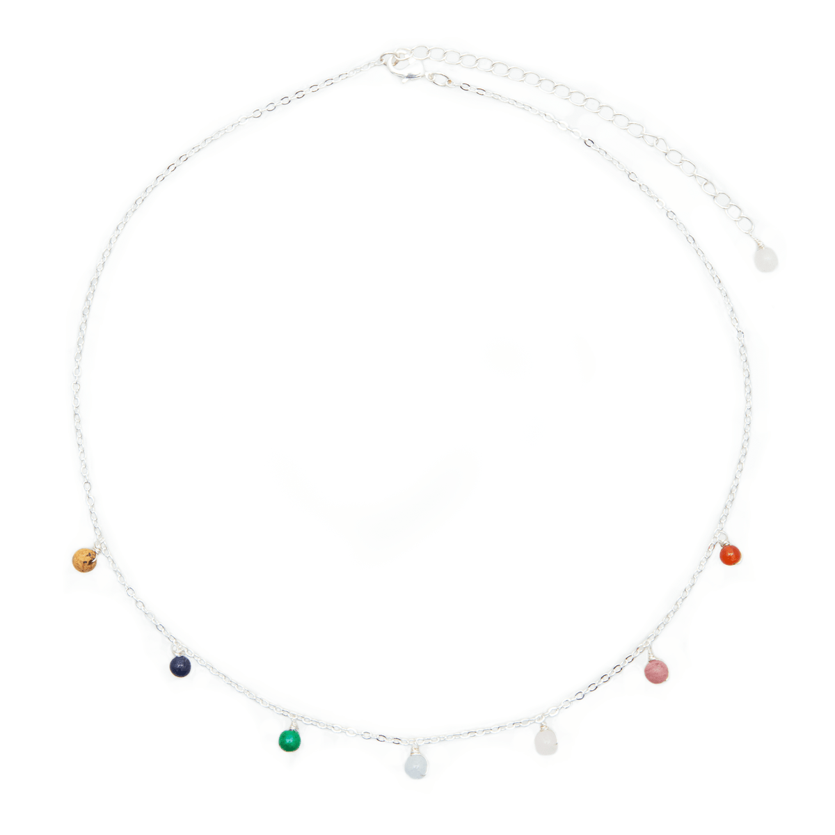 Dewdrop charm necklace with multicolor stones and a silver chain