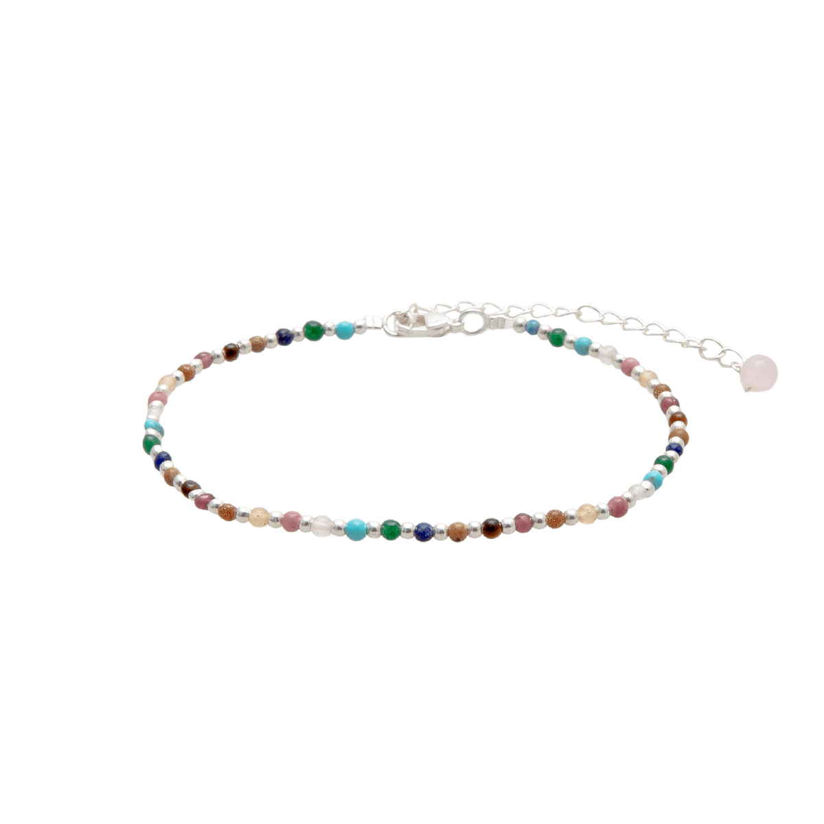 Dainty anklet with assorted multi-color stones and silver beads