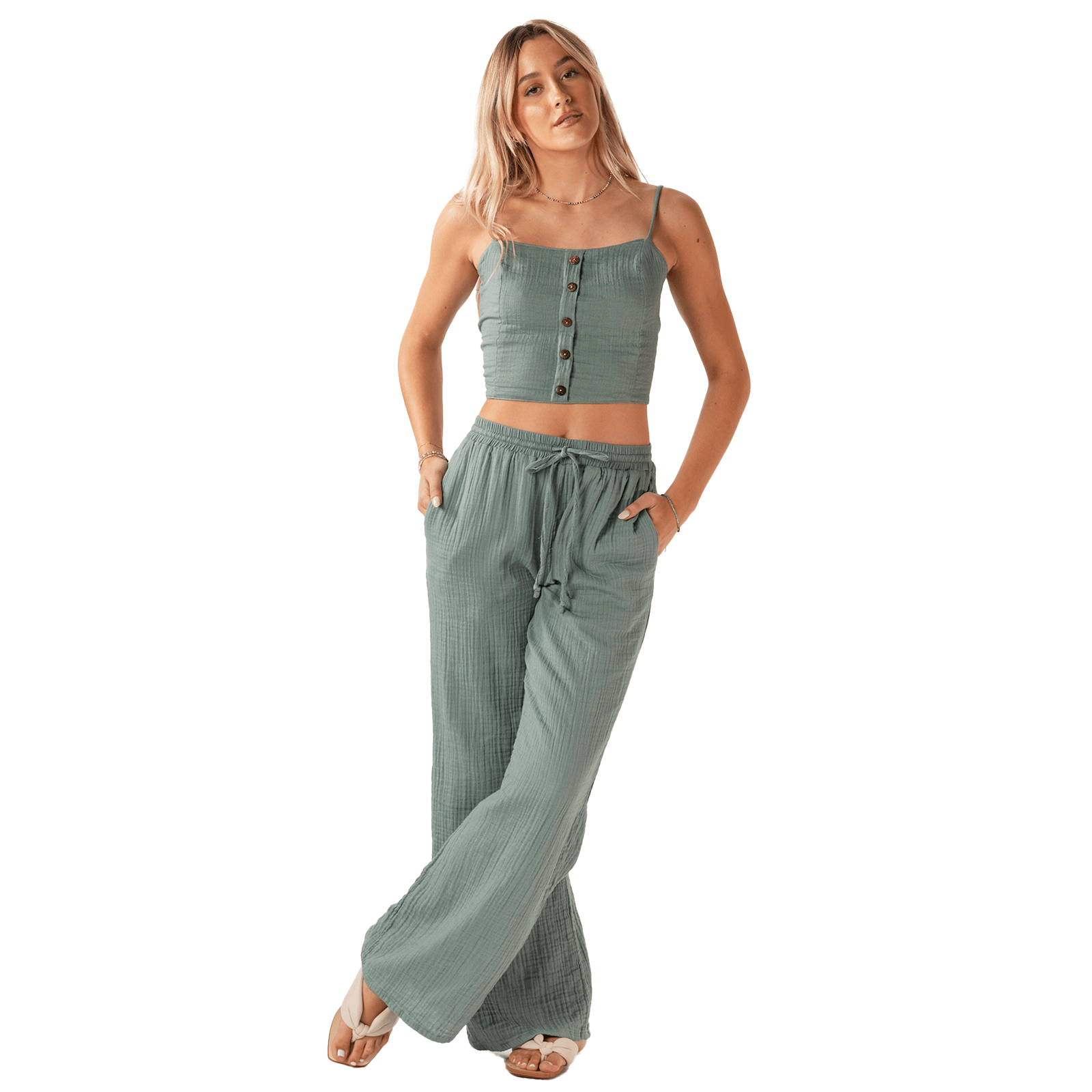Sage Cotton Crop Top & Drawstring Wide Leg Pants Set - LotusAndLuna